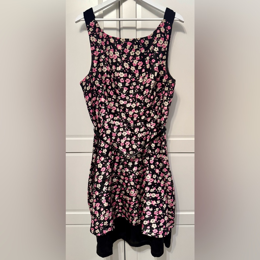 Taylor Black and Pink Floral A Line Belted Dress‎ NWOT Size:14